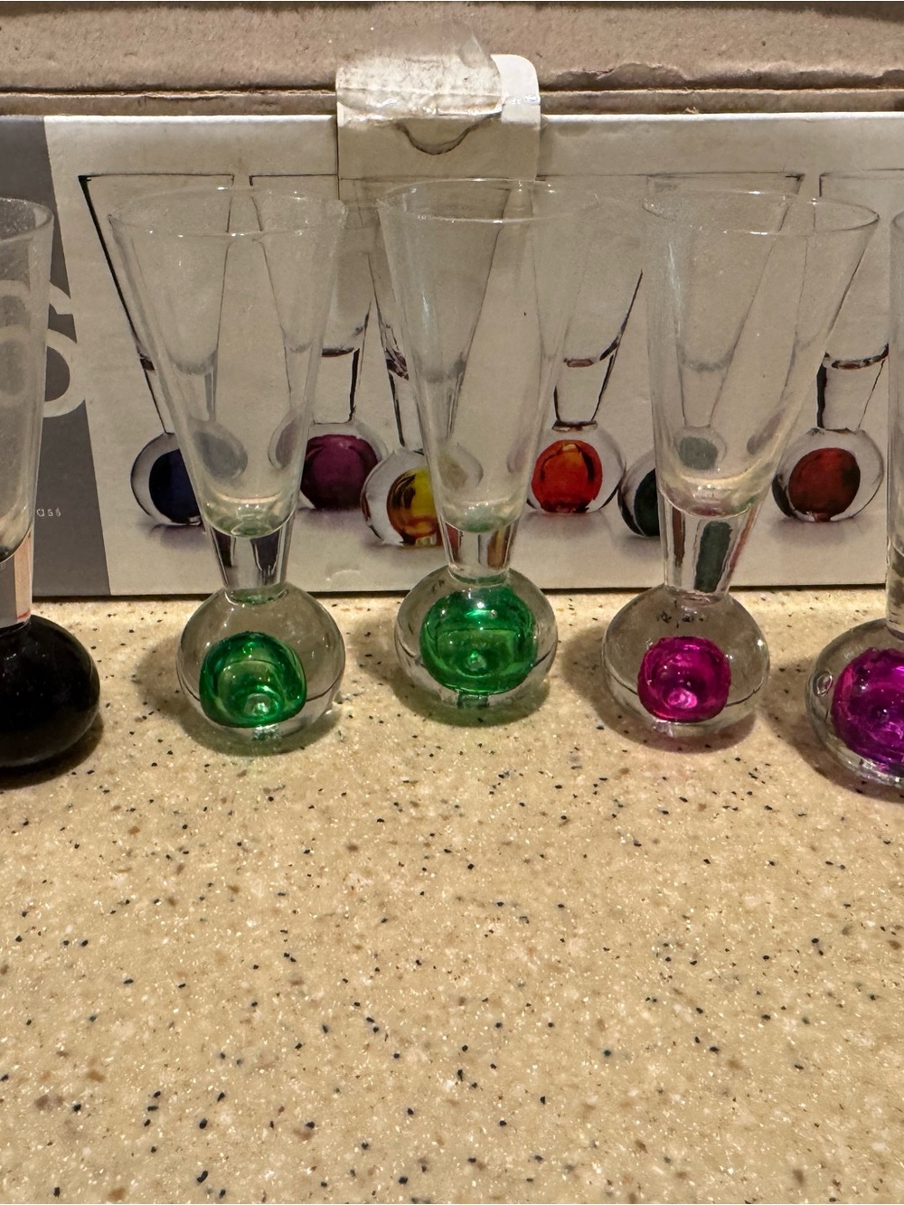 Set of Bubble-Base Shot Glasses in Green and Pink - Clear Glass